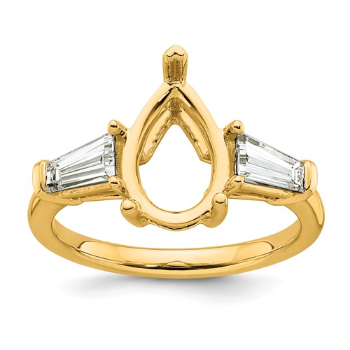 14K Yellow Gold 0.88 Carat Lab Grown Diamond VS+ F+ Tapered Baguette 2.50 Carat Pear Center Semi Mount Engagement Ring