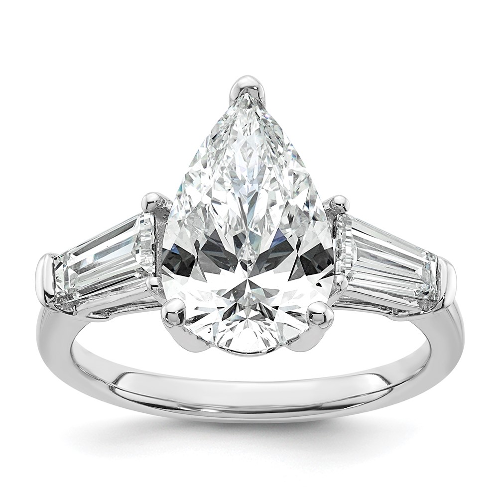 14K White Gold 6.75 Carat Certified Lab Grown Diamond VS+ G+ Pear and Tapered Baguette Complete Three Stone Engagement Ring
