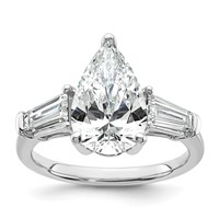 14K White Gold 6.75 Carat Certified Lab Grown Diamond VS+ G+ Pear and Tapered Baguette Complete Three Stone Engagement Ring view 1