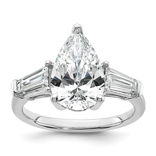 14K White Gold 6.75 Carat Certified Lab Grown Diamond VS+ G+ Pear and Tapered Baguette Complete Three Stone Engagement Ring