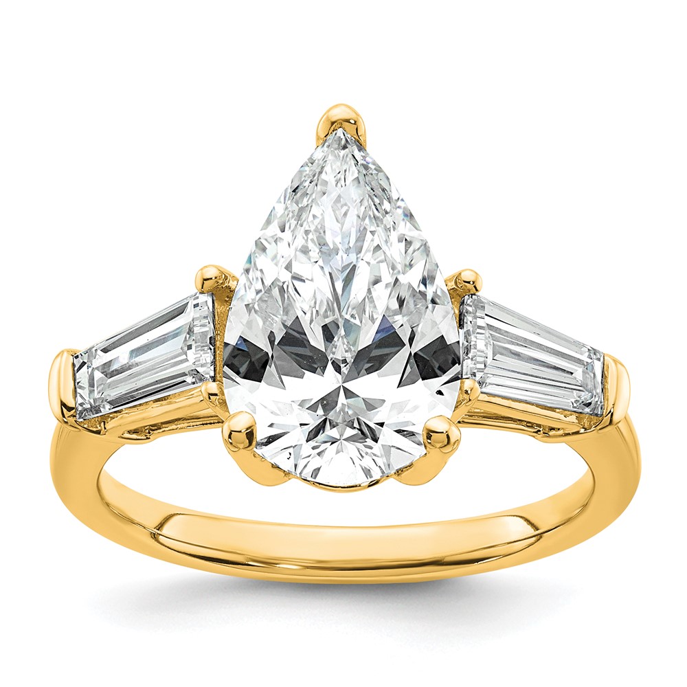 14K Yellow Gold 6.75 Carat Certified Lab Grown Diamond VS+ G+ Pear and Tapered Baguette Complete Three Stone Engagement Ring