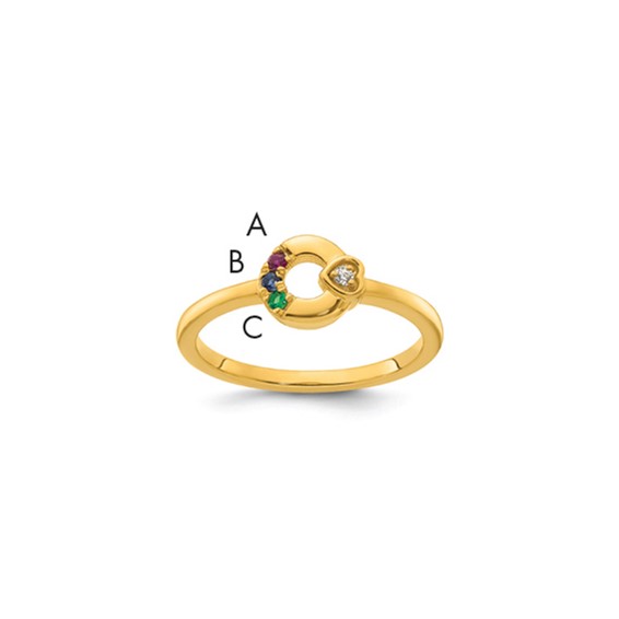 14k Diamond Heart with 3 Synthetic  Birthstone Mother's Circle Ring