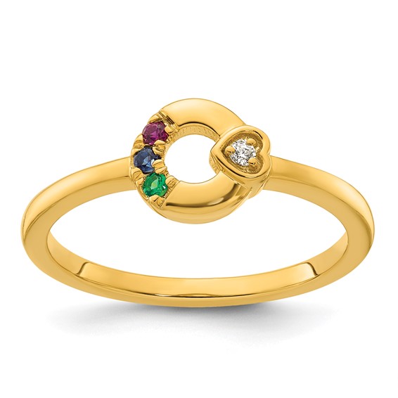 14k Diamond Heart with 3 Synthetic  Birthstone Mother's Circle Ring