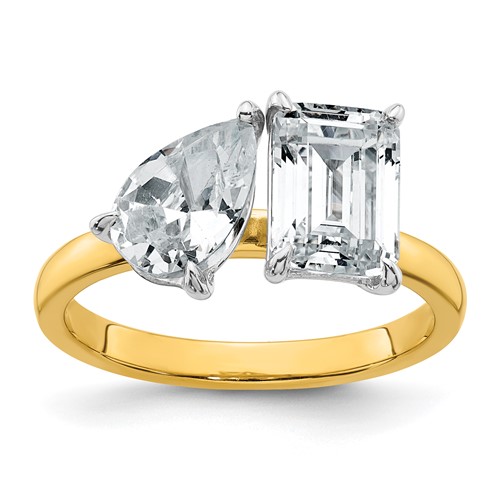 True Origin 14K Yellow Gold 2.88 Carat Lab Grown Diamond VS+ F+ Complete Pear and Emerald Two Stone Ring