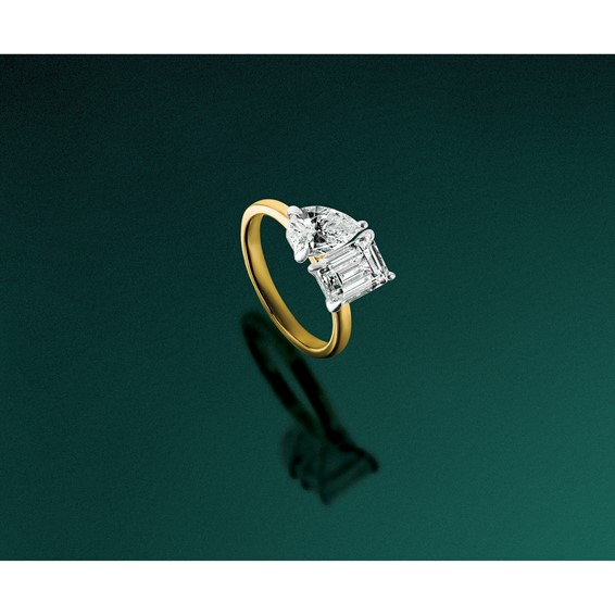 True Origin 14K Yellow Gold 2 7/8 carat Lab Grown Diamond VS+ F+ Complete Pear and Emerald Two Stone Ring