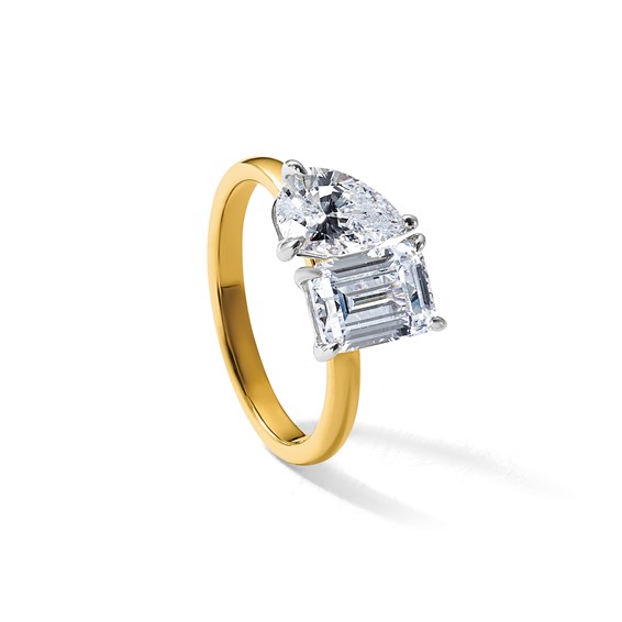 True Origin 14K Yellow Gold 2 7/8 carat Lab Grown Diamond VS+ F+ Complete Pear and Emerald Two Stone Ring