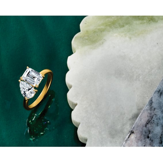 True Origin 14K Yellow Gold 2 7/8 carat Lab Grown Diamond VS+ F+ Complete Pear and Emerald Two Stone Ring