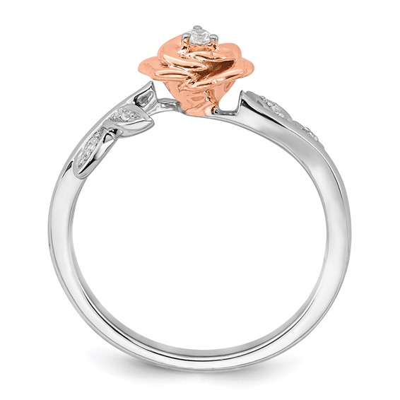 14k Two-tone Complete Diamond Rose With Leaves Promise Ring