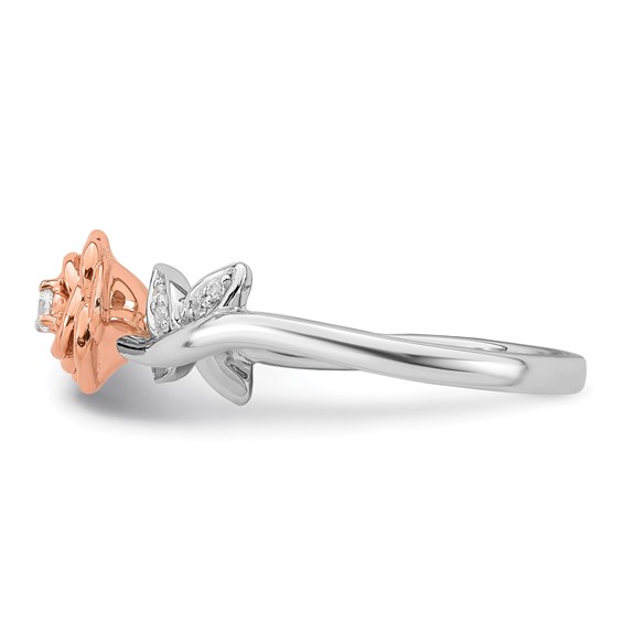 14k Two-tone Complete Diamond Rose With Leaves Promise Ring
