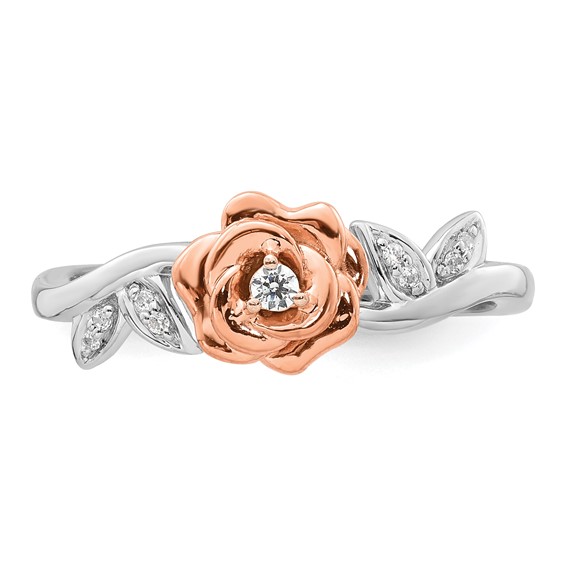 14k Two-tone Complete Diamond Rose With Leaves Promise Ring