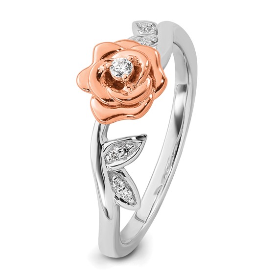 14k Two-tone Complete Diamond Rose With Leaves Promise Ring