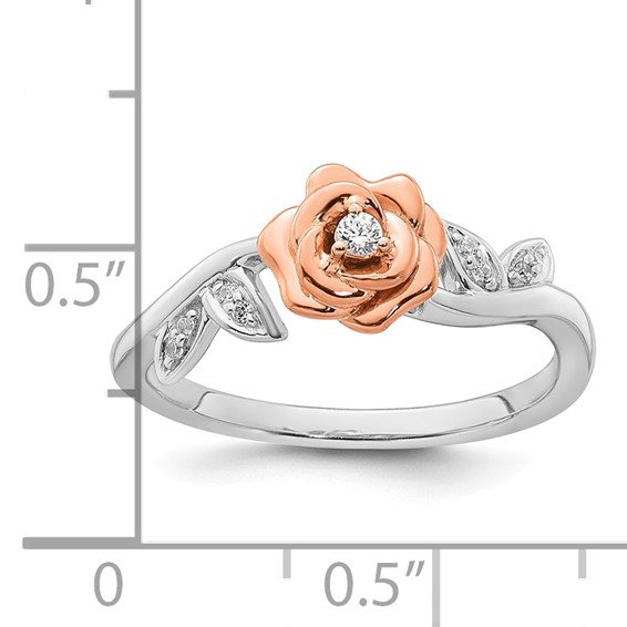 14k Two-tone Complete Diamond Rose With Leaves Promise Ring