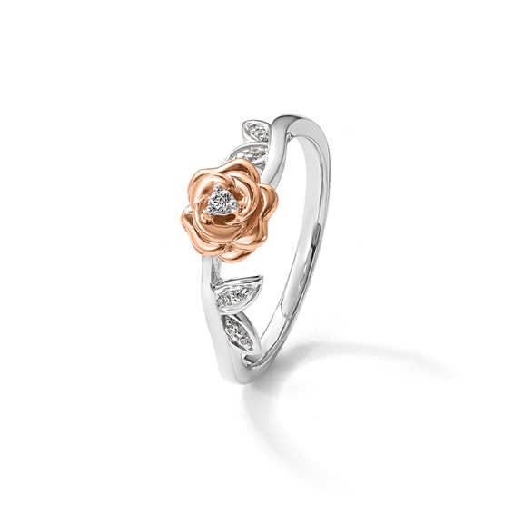 14k Two-tone Complete Diamond Rose With Leaves Promise Ring