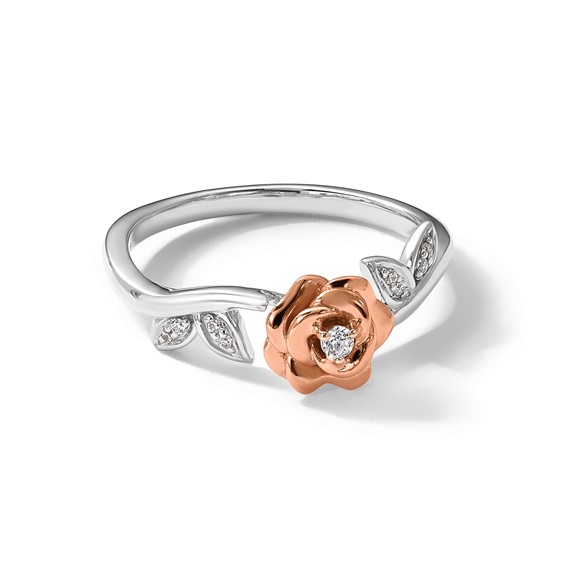 14k Two-tone Complete Diamond Rose With Leaves Promise Ring