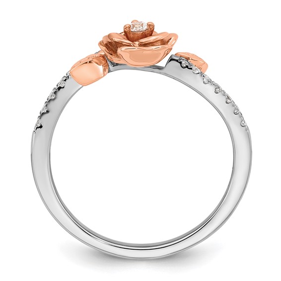 14k Two-tone Complete Diamond Rose With Leaves Promise Ring