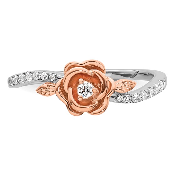 14k Two-tone Complete Diamond Rose With Leaves Promise Ring
