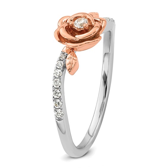 14k Two-tone Complete Diamond Rose With Leaves Promise Ring