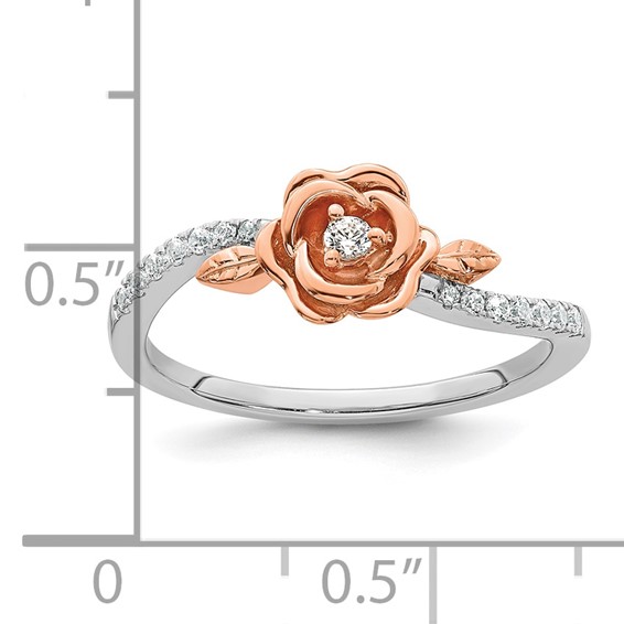 14k Two-tone Complete Diamond Rose With Leaves Promise Ring