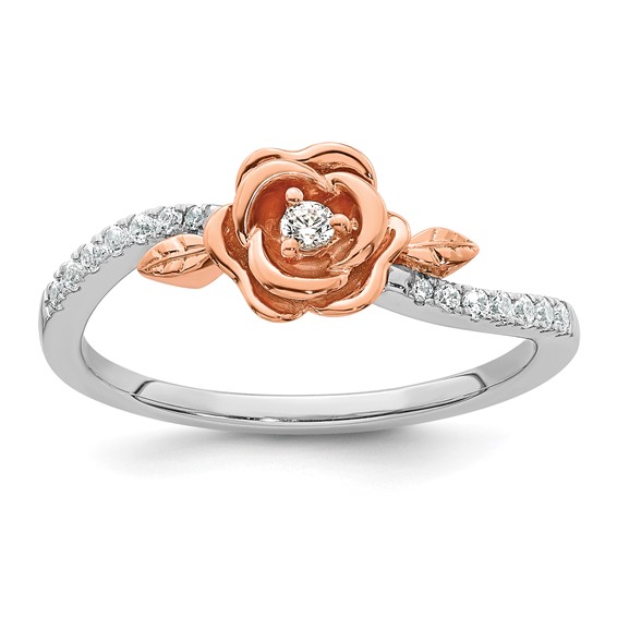 14k Two-tone Complete Diamond Rose With Leaves Promise Ring