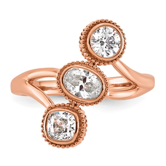 14k Rose Gold 1 carat Lab Grown Diamond VS+ F+ Complete Three Stone Bezel Set Fashion Ring