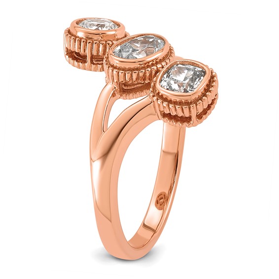 14k Rose Gold 1 carat Lab Grown Diamond VS+ F+ Complete Three Stone Bezel Set Fashion Ring