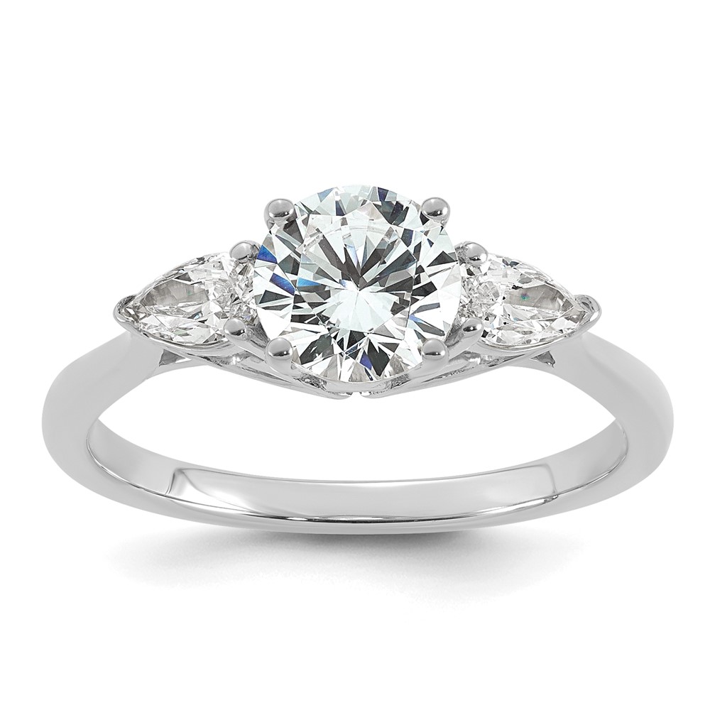 14K White Gold 1.38 Carat Lab Grown Diamond VS+ F+ Round Ring with Pear Sidestones Complete Three Stone Engagement