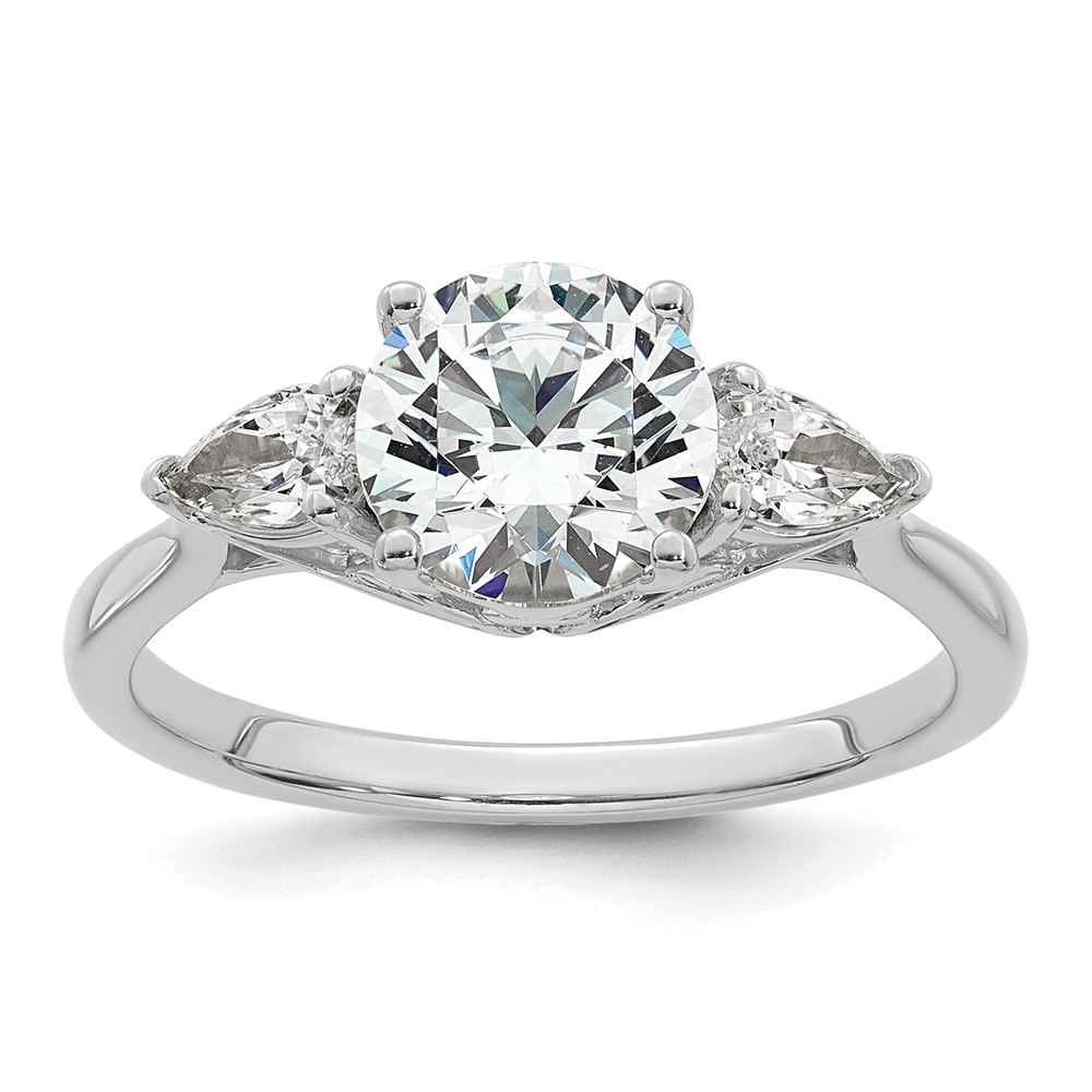 14K White Gold 1.88 Carat Lab Grown Diamond VS+ F+ Round Ring with Pear Sidestones Complete Three Stone Engagement