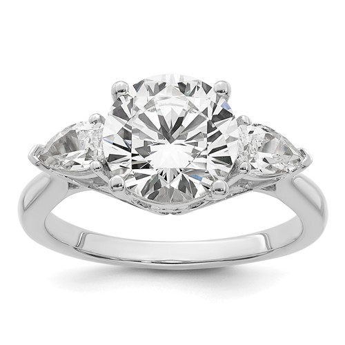 14K White Gold 3 Carat Lab Grown Diamond VS+ F+ Round Ring with Pear Sidestones Complete Three Stone Engagement