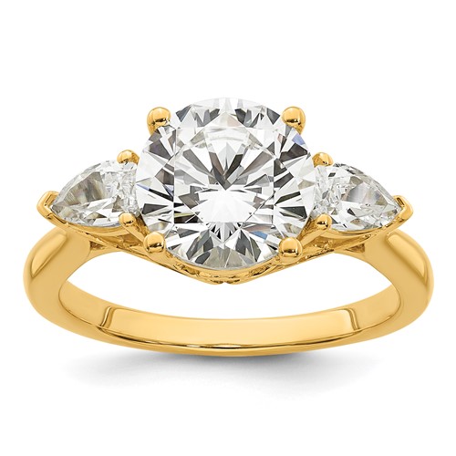 14K Yellow Gold 3 Carat Lab Grown Diamond VS+ F+ Round Ring with Pear Sidestones Complete Three Stone Engagement