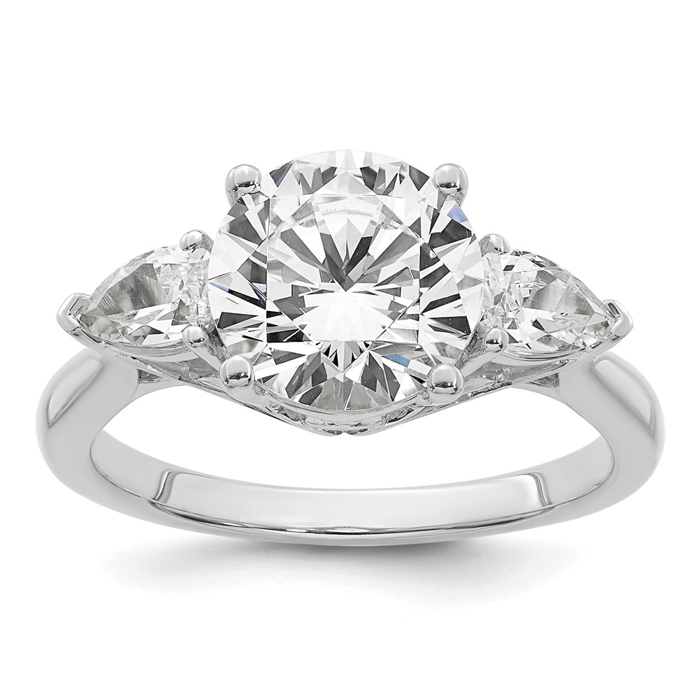 14K White Gold 3 Carat Certified Lab Grown Diamond VS+ F+ Round Ring with Pear Sidestones Complete Three Stone Engagement