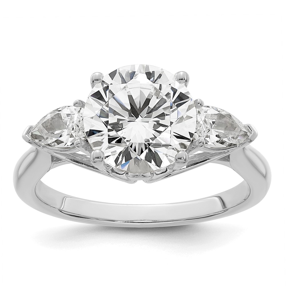 14K White Gold 3.62 Carat Lab Grown Diamond VS+ F+ Round Ring with Pear Sidestones Complete Three Stone Engagement