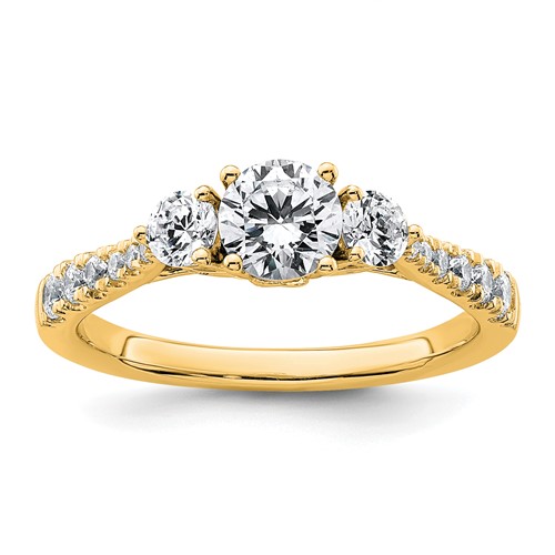 14K Yellow Gold 1 Carat Lab Grown Diamond VS+ F+ Round Complete Three Stone Engagement Ring