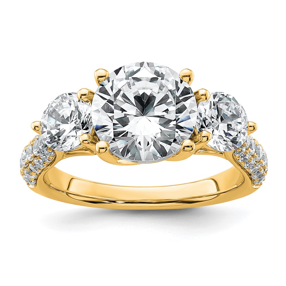 14K Yellow Gold 1.38 Carat Lab Grown Diamond VS+ F+ Semi Mount 2.50 Carat Center Round Three Stone Engagement Ring