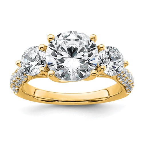 14K Yellow Gold 1.38 Carat Lab Grown Diamond VS+ F+ Semi Mount 2.50 Carat Center Round Three Stone Engagement Ring