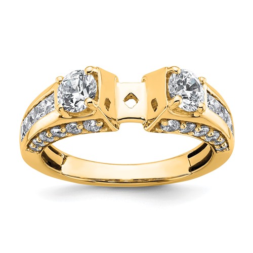 14K Yellow Gold 1.75 Carat Lab Grown Diamond VS+ F+ 2 Carat Center Round Semi Mount Three Stone Engagement Ring