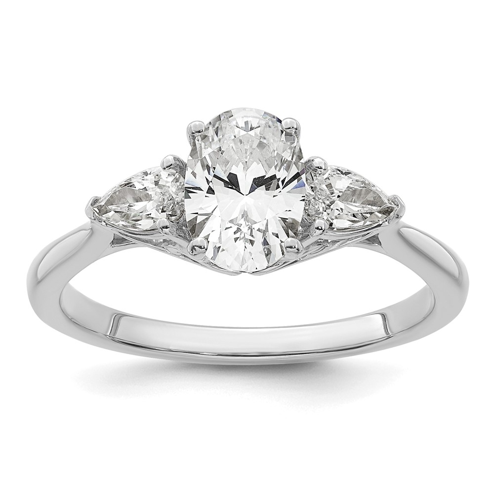 14K White Gold 1.38 Carat Lab Grown Diamond VS+ F+ Oval and Pear Complete Three Stone Engagement Ring