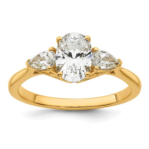 14K Yellow Gold 1.38 Carat Lab Grown Diamond VS+ F+ Oval and Pear Complete Three Stone Engagement Ring