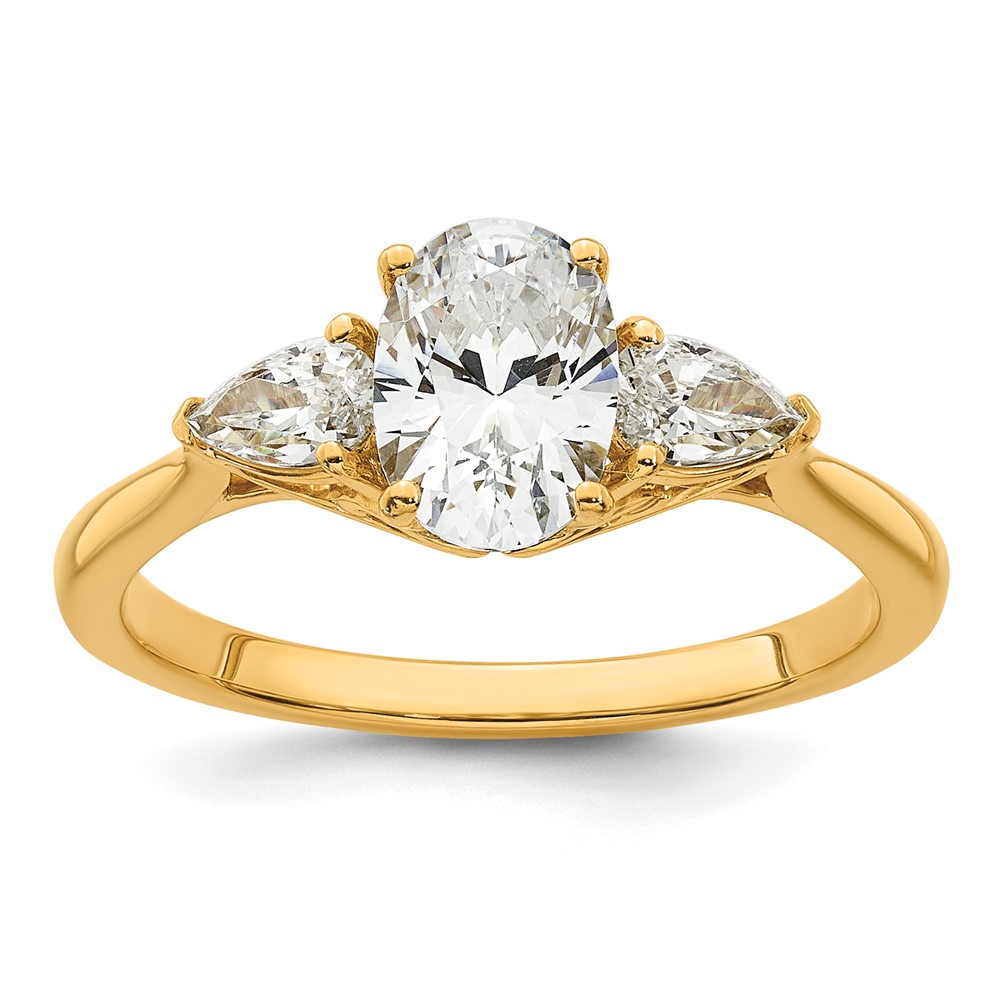 14K Yellow Gold 1.38 Carat Certified Lab Grown Diamond VS+ F+ Oval and Pear Complete Three Stone Engagement Ring