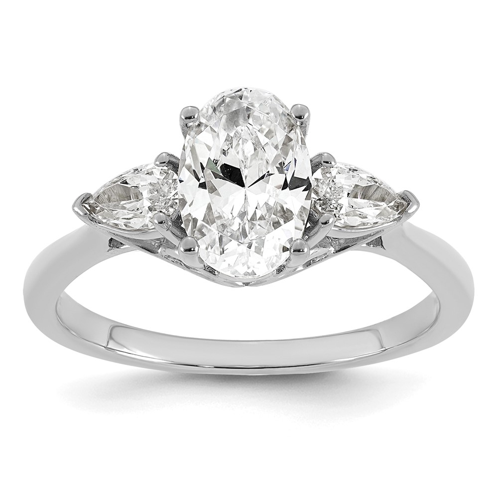 14K White Gold 1.88 Carat Lab Grown Diamond VS+ F+ Oval and Pear Complete Three Stone Engagement Ring