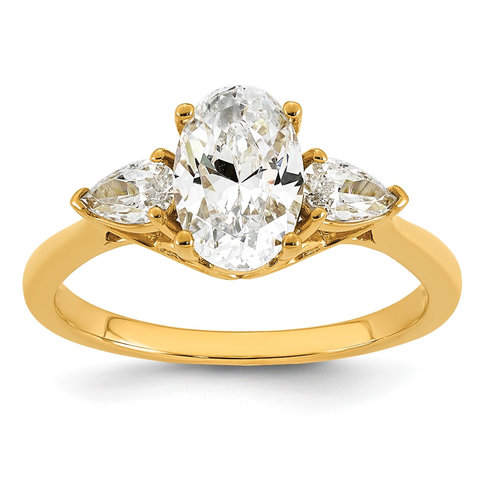 14K Yellow Gold 1.88 Carat Lab Grown Diamond VS+ F+ Oval and Pear Complete Three Stone Engagement Ring