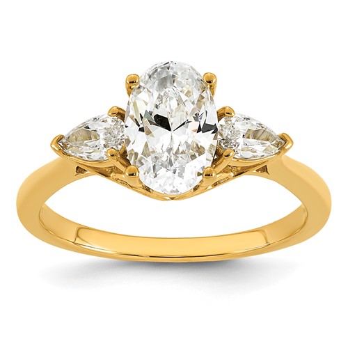 14K Yellow Gold 1.88 Carat Lab Grown Diamond VS+ F+ Oval and Pear Complete Three Stone Engagement Ring