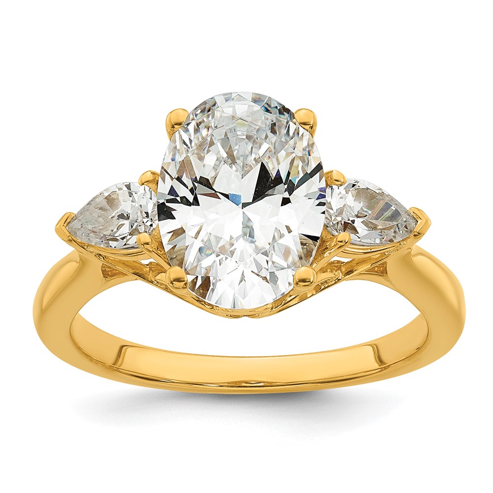 14K Yellow Gold 3 Carat Lab Grown Diamond VS+ F+ Oval and Pear Complete Three Stone Engagement Ring