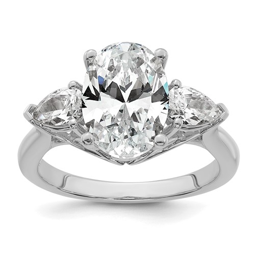14K White Gold 3.62 Carat Lab Grown Diamond VS+ F+ Oval and Pear Complete Three Stone Engagement Ring