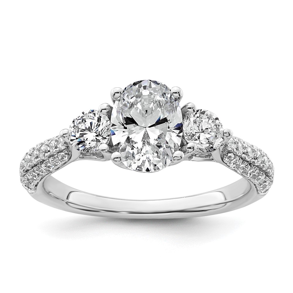 14K White Gold 0.75 Carat Lab Grown Diamond VS+ F+ Oval and Round Semi Mount Three Stone Engagement Ring