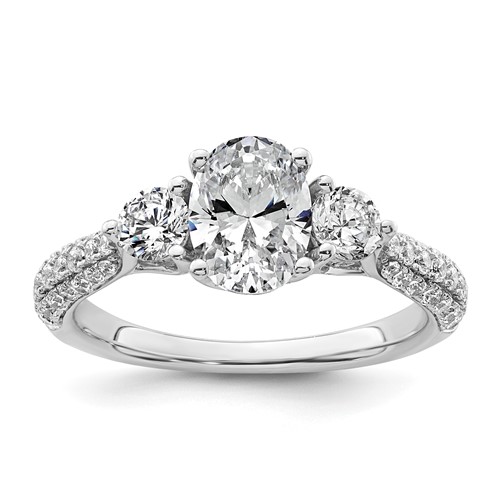 14K White Gold 0.75 Carat Lab Grown Diamond VS+ F+ Oval and Round Semi Mount Three Stone Engagement Ring
