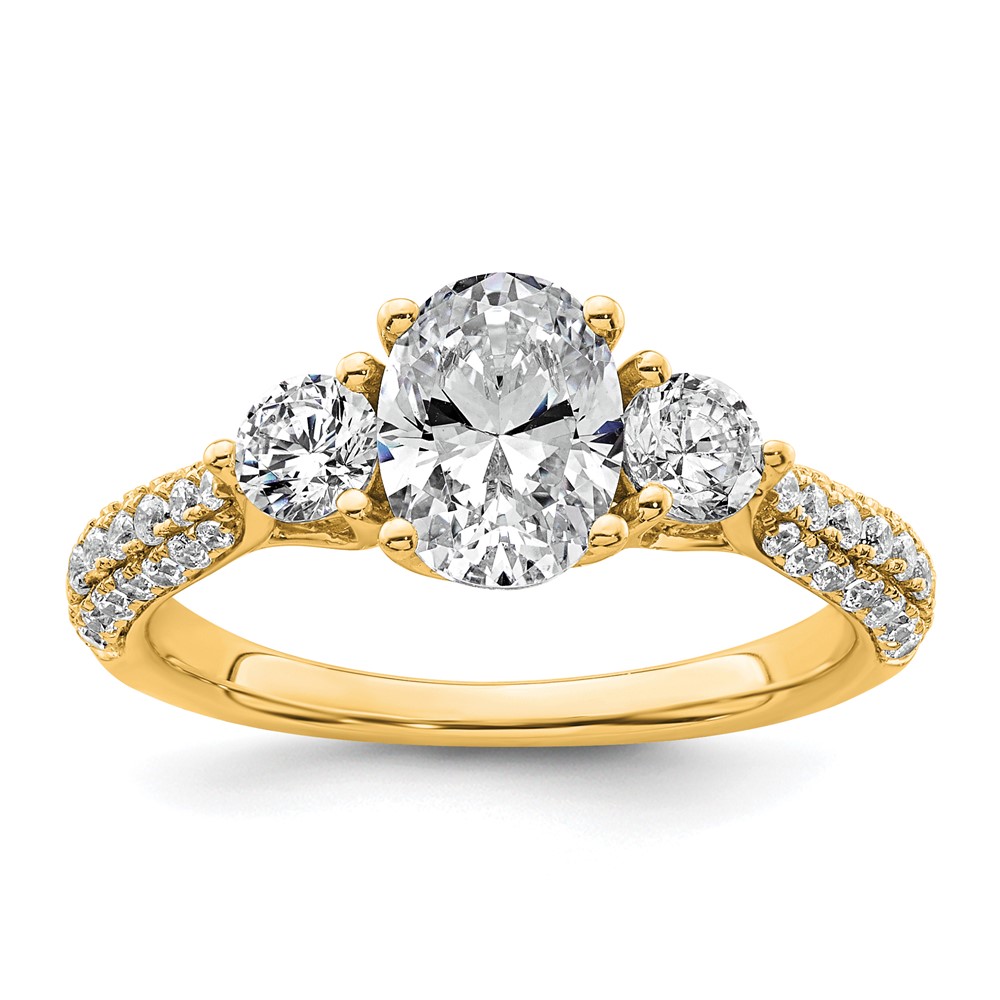 14K Yellow Gold 1.75 Carat Certified Lab Grown Diamond VS+ F+ Oval and Round Complete Three Stone Engagement Ring