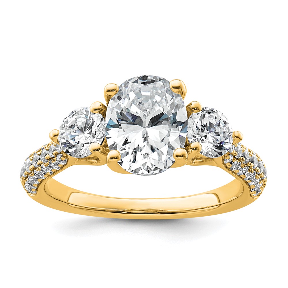 14K Yellow Gold 2.50 Carat Certified Lab Grown Diamond VS+ F+ Oval and Round Complete Three Stone Engagement Ring