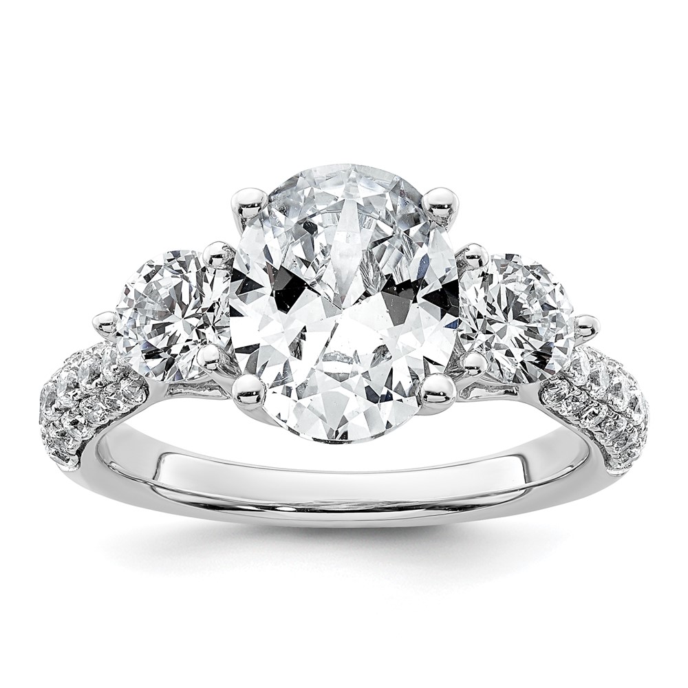 14K White Gold 3.20 Carat Certified Lab Grown Diamond VS+ F+ Oval and Round Complete Three Stone Engagement Ring