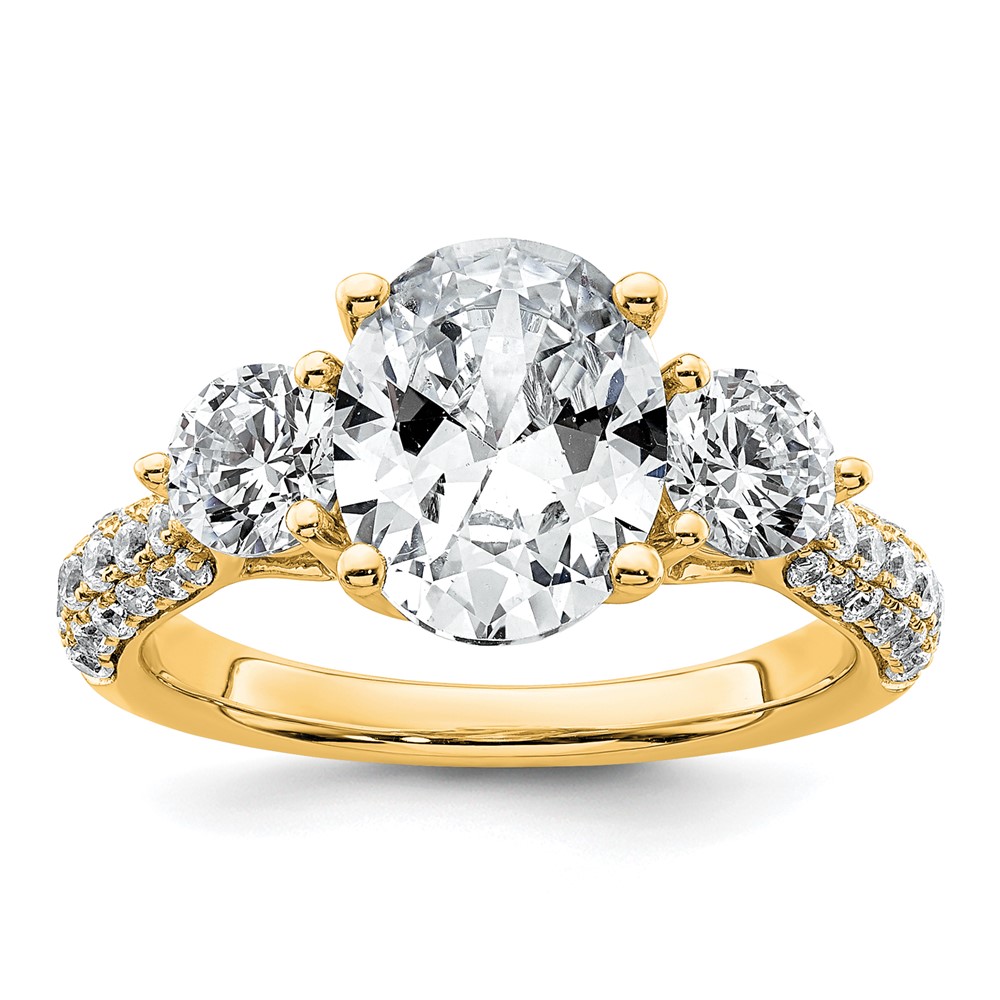 14K Yellow Gold 3.20 Carat Certified Lab Grown Diamond VS+ F+ Oval and Round Complete Three Stone Engagement Ring