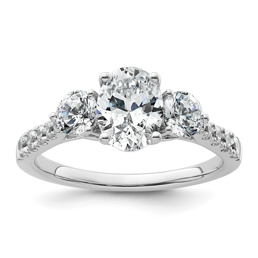 14K White Gold 0.75 Carat Lab Grown Diamond VS+ F+ Oval and Round Semi Mount Three Stone Engagement Ring